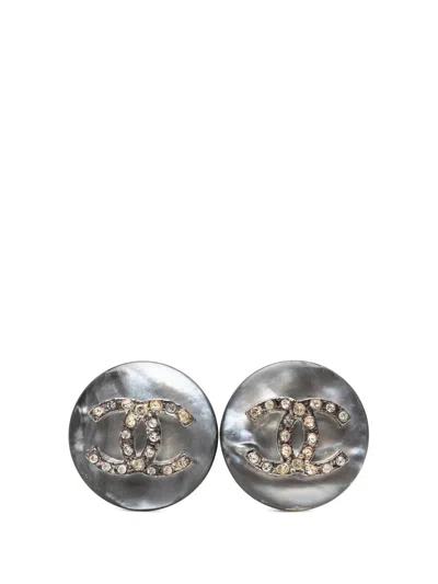 Pre-owned Chanel 1997 Cc Brass Strass Clip On Earrings Costume Earrings In Silver