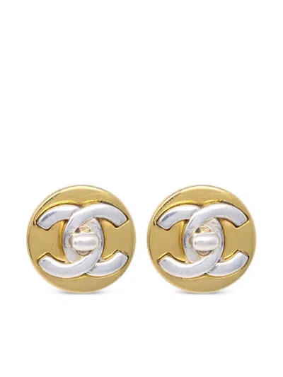 Pre-owned Chanel 1997 Cc Button Earrings In Gold