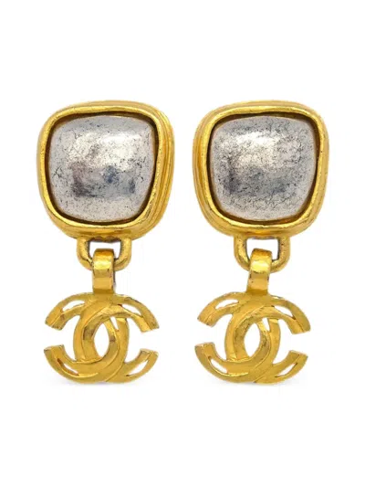 Pre-owned Chanel 1997 Cc Drop Clip-on Earrings In Gold