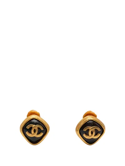 Pre-owned Chanel 1997 Cc Gold Plated And Resin Rhombus Clip On Earrings Costume Earrings
