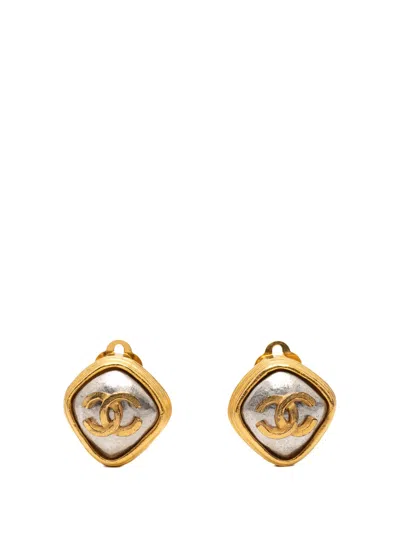 Pre-owned Chanel 1997 Cc Gold Plated Diamond Shape Clip On Earrings Costume Earrings