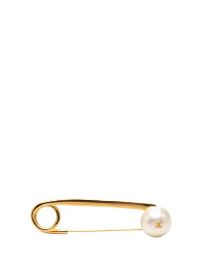 Pre-owned Chanel 1997 Cc Gold Plated Faux Pearl Safety Pin Brooch Costume Brooch