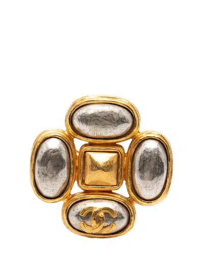 Pre-owned Chanel 1997 Cc Gold Plated Gripoix Clover Brooch Costume Brooch