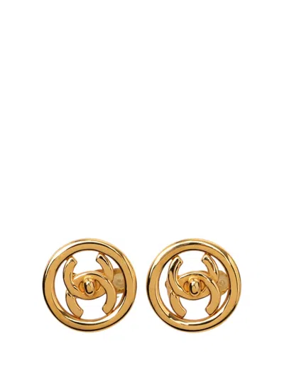 Pre-owned Chanel 1997 Cc Gold Plated Turn Lock Clip On Earrings Costume Earrings