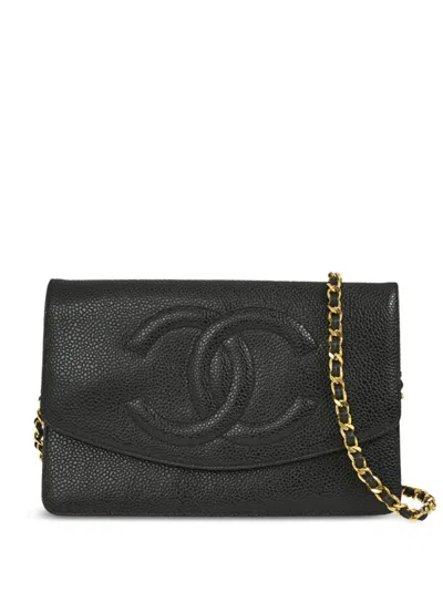 Pre-owned Chanel 1997 Cc Leather Chain Wallet In Black