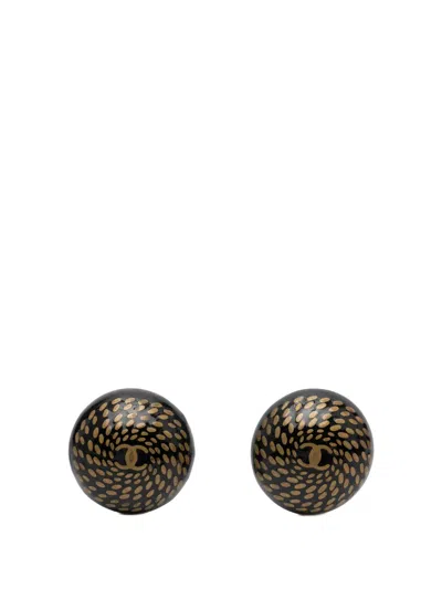 Pre-owned Chanel 1997 Cc Resin And Gold Plated Button Clip On Earrings Costume Earrings In Black