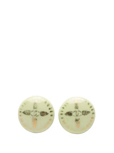 Pre-owned Chanel 1997 Cc Resin And Gold Plated Round Clip On Earrings Costume Earrings In Green