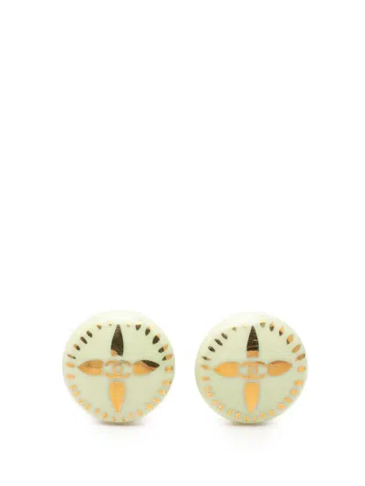 Pre-owned Chanel 1997 Cc Resin And Gold Plated Round Clip On Earrings Costume Earrings In White