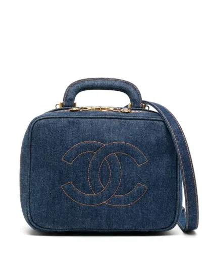 Pre-owned Chanel 1997 Cc Stitch Denim Cosmetic Handbag In Blue