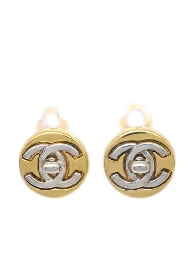 Pre-owned Chanel 1997 Cc Turn-lock Button Clip-on Earrings In Gold
