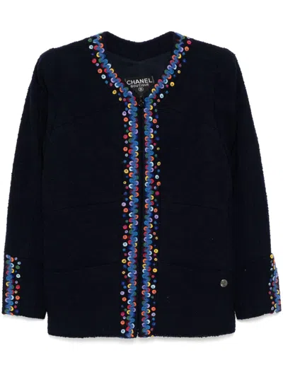 Pre-owned Chanel 1997 Collarless Zip Up Jacket In Blue