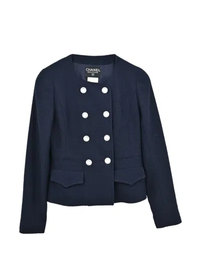 Pre-owned Chanel 1997 Double-breasted Collarless Tweed Jacket In Blue