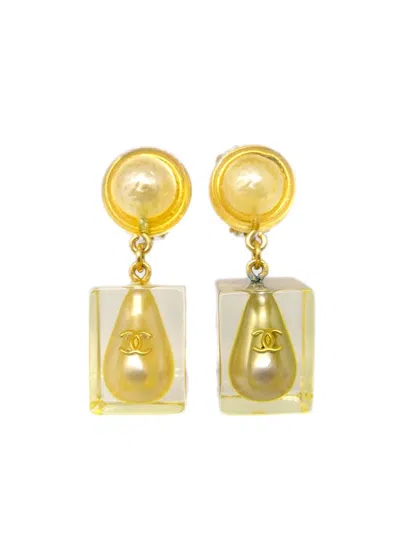 Pre-owned Chanel 1997 Drop Faux-pearl Cube Clip-on Earrings In Gold