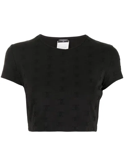 Pre-owned Chanel 1997 Embroidered Logo Cropped Top In Black