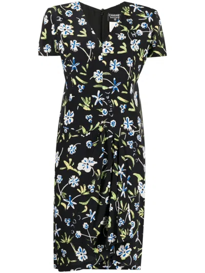 Pre-owned Chanel 1997 Floral-print Draped Silk Dress In Black