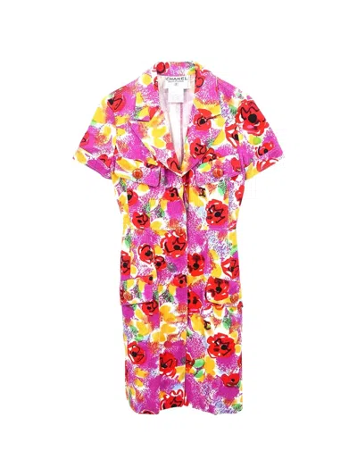 Pre-owned Chanel 1997 Floral-print Short-sleeve Midi Dress In Purple