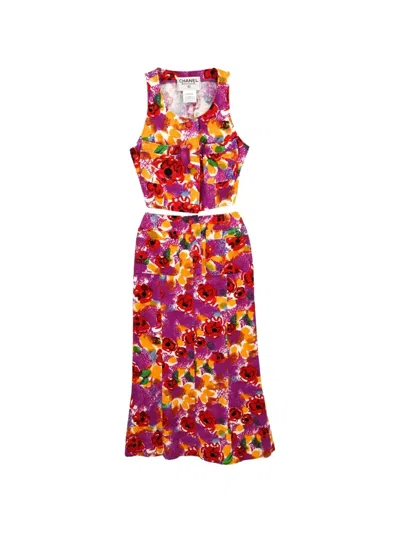 Pre-owned Chanel 1997 Floral-print Top And Skirt Set In Purple