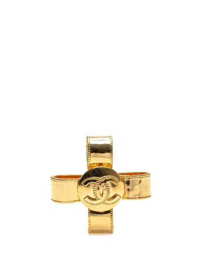 Pre-owned Chanel 1997 Gold Plated Cc Cross Ribbon Brooch Costume Brooch