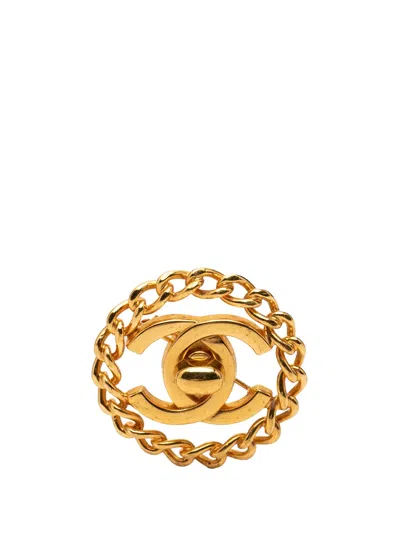 Pre-owned Chanel 1997 Gold Plated Cc Turnlock Chain Brooch Costume Brooch