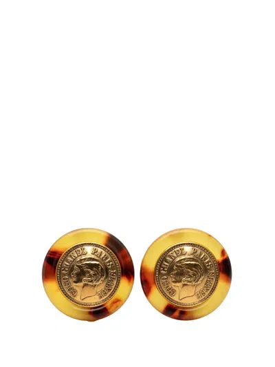 Pre-owned Chanel 1997 Gold Plated Tortoise Shell Coin Clip On Earrings Costume Earrings