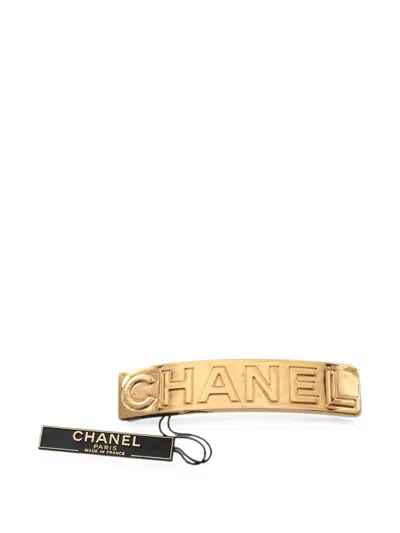 Pre-owned Chanel 1997 Logo Barrette Hair Clip In Gold
