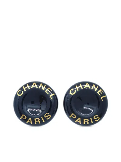 Pre-owned Chanel 1997 Logo-print Button Clip-on Earrings In Gold