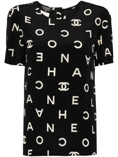 Pre-owned Chanel 1997 Logo-print Silk T-shirt In Black