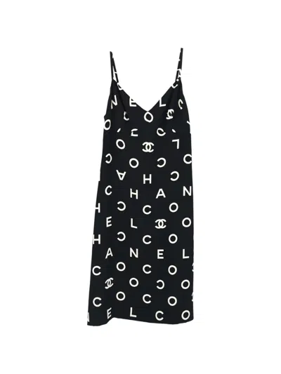 Pre-owned Chanel 1997 Logo-print Slip Midi Dress In Black