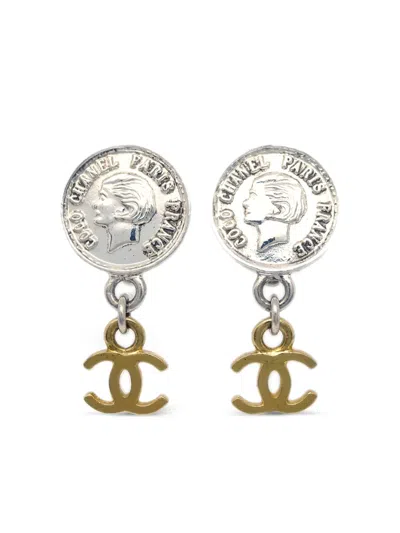Pre-owned Chanel 1997 Mademoiselle Cc Dangle Clip-on Earrings In Silver
