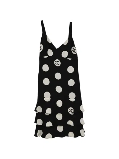 Pre-owned Chanel 1997 Polka-dot Tiered Dress In Black
