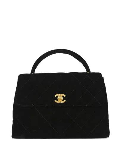 Pre-owned Chanel 1997 Quilted Velvet Kelly Tote Bag In Black