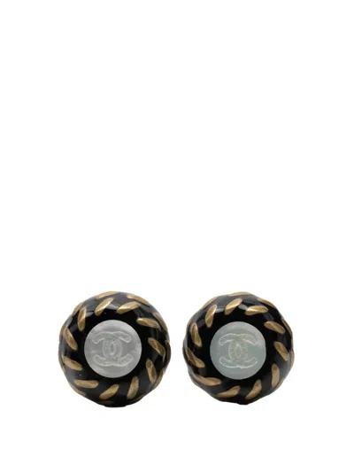 Pre-owned Chanel 1997 Resin And Gold Plated Cc Button Clip On Earrings Costume Earrings In Black