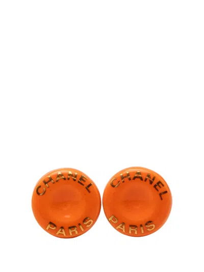 Pre-owned Chanel 1997 Resin Logo Round Clip On Earrings Costume Earrings In Gold