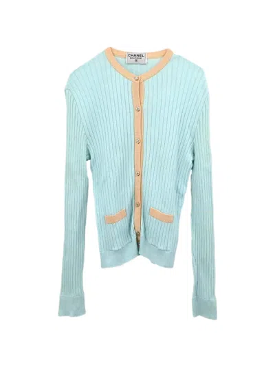 Pre-owned Chanel 1997 Ribbed Cotton Cardigan In Blue