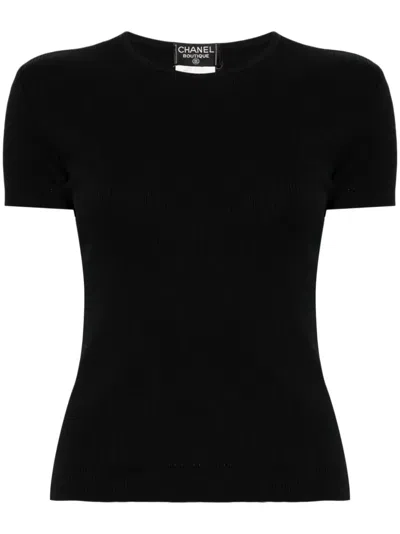 Pre-owned Chanel 1997 Ribbed-knit Cotton T-shirt In Black