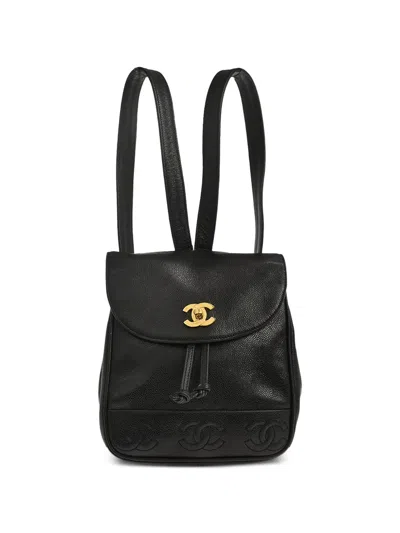 Pre-owned Chanel 1997 Triple Cc Leather Backpack In Black
