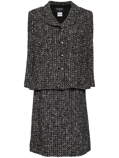 Pre-owned Chanel 1997 Tweed Skirt Suit In Black, White