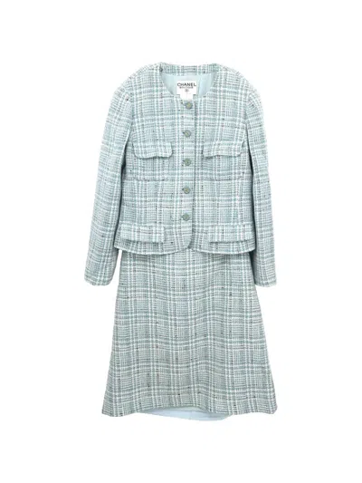 Pre-owned Chanel 1997 Tweed Skirt Suit In Blue
