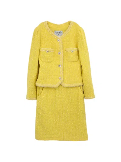 Pre-owned Chanel 1997 Tweed Skirt Suit In Yellow