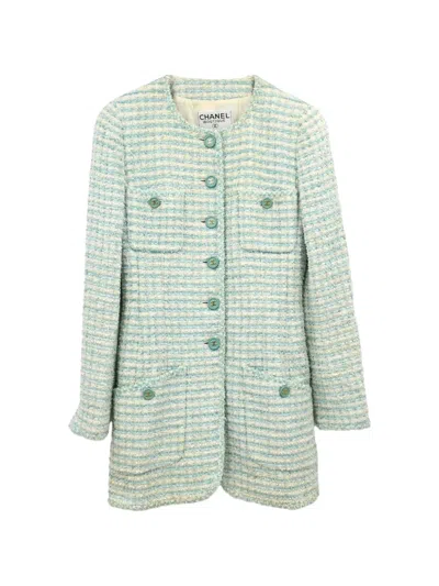 Pre-owned Chanel 1997 Tweed Striped Collarless Jacket In Blue