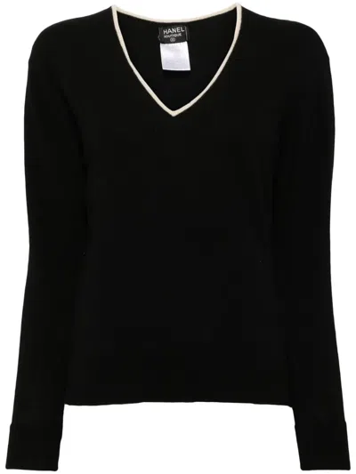 Pre-owned Chanel 1997 V-neck Cashmere Jumper In Black