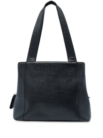 Pre-owned Chanel 1997-1999 Caviar Lax Embroidered Logo Tote Bag In Black
