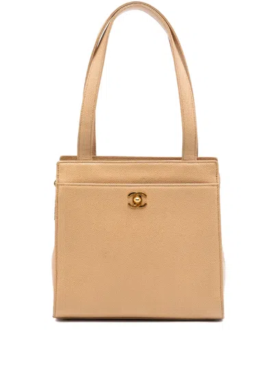 Pre-owned Chanel 1997-1999 Cc Caviar Turn Lock Tote Bag In Neutral