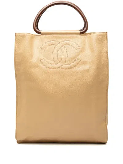 Pre-owned Chanel 1997-1999 Cc Caviar Wood Top Handle Tote Bag In Neutral