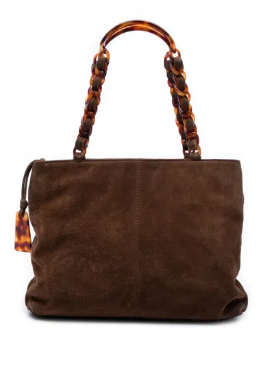Pre-owned Chanel 1997-1999 Cc Suede Tortoise Chain Tote Bag In Brown