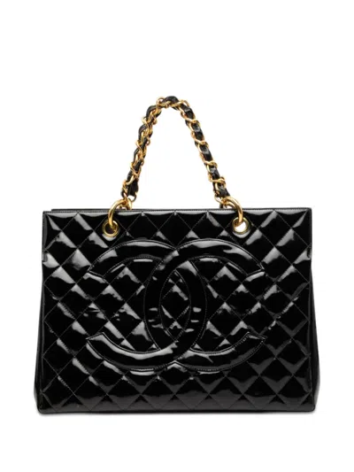Pre-owned Chanel 1997-1999 Grand Cc Patent Timeless Shopping Tote Bag In Black