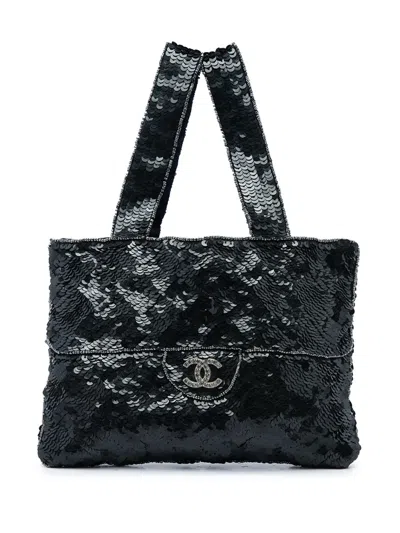 Pre-owned Chanel 1997-1999 Mini Sequins Trompe L Oeil Evening Tote Bag In Black