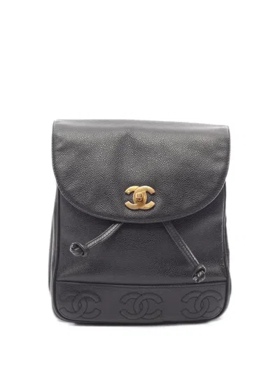Pre-owned Chanel 1997-1999 Triple Coco Caviar Backpack In Black