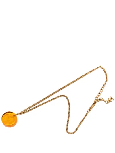 Pre-owned Chanel 1998 Cc Gold Plated Resin Camellia Round Pendant Necklace Costume Necklace
