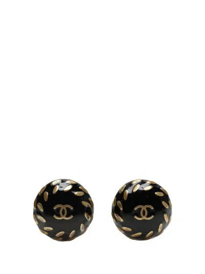 Pre-owned Chanel 1998 Cc Resin And Gold Plated Button Clip On Earrings Costume Earrings In Black